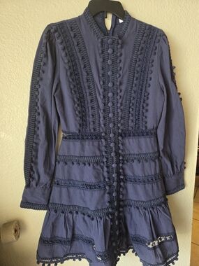 Layered With Love Navy Blue Boho Lace-Trim Button Front Dress,sz M.